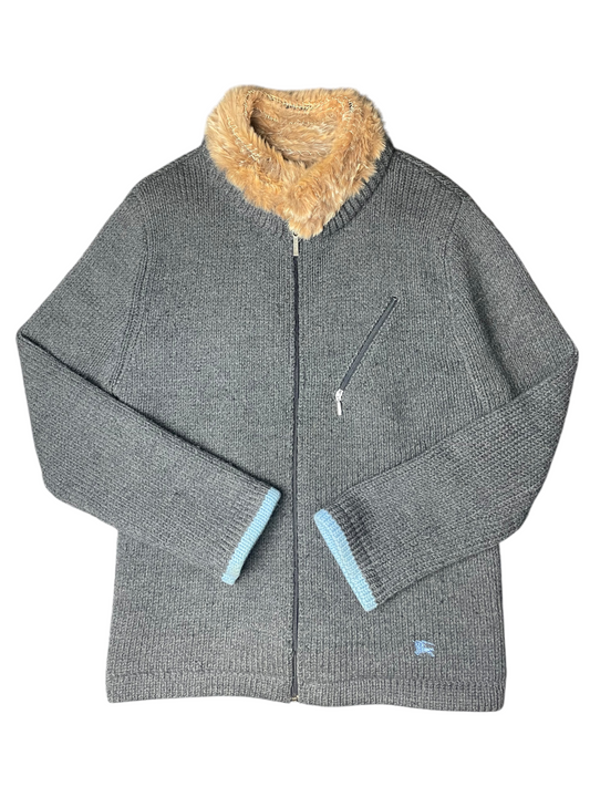 Burberry Zip Up Jumper, With Fur Collar Women's Size UK 10
