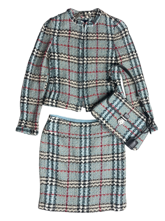 Burberry London Tweed Jacket & Skirt Set With Pocketbook Handbag